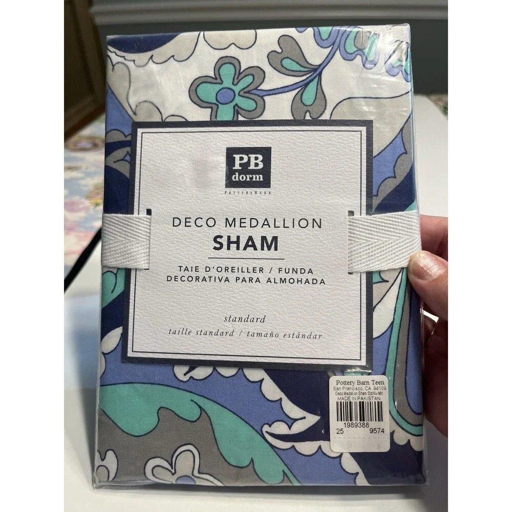 Pottery Barn Deco Medallion Blue Floral Paisley Standard Pillow Sham 20x26” NEW